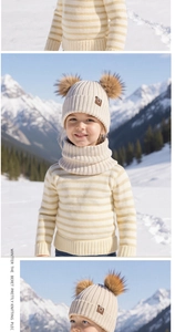 Detail of kids winter knit set with double pom-pom beanie and ribbed neck warmer