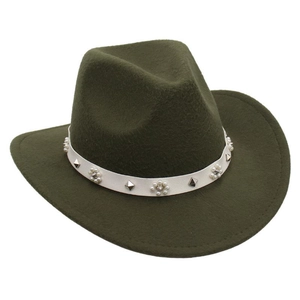 Detail of dark olive wool felt fedora with pearl flower and silver stud leather band