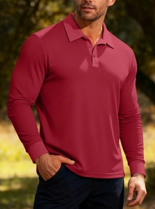 Detailed close-up of burgundy waffle knit texture on men's long sleeve polo shirt