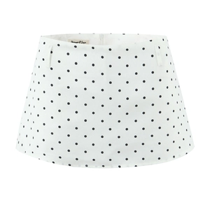Women's white A-line mini skirt with black polka dot pattern and matching waist belt