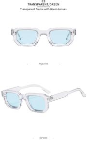 Detail view of retro thick square sunglasses with clear frames and light green lenses