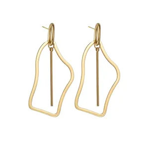 Stainless Steel Irregular Hollow Geometric Drop Earrings Gold Plated Vertical Bar Minimalist Design For Women Fashion Jewelry
