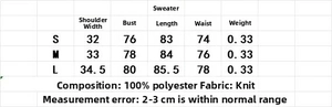 Size chart detail for mini knit dress showing measurements and polyester fabric specs