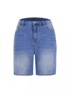 Women's blue washed denim capri pants with elastic waist and classic five-pocket design