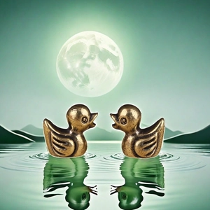 Artistic bronze duck tea pet figurines on water under moonlit mountain landscape