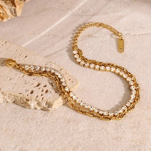 Double-layer stainless steel bracelet with square cubic zirconia on a natural stone base