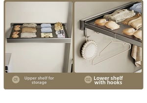 Wall-mounted balcony drying rack with top storage shelf and hooks for clothes and shoes