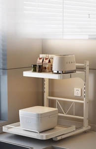 Two-tier white metal kitchen rack with protective fence for rice cooker and microwave