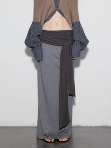 Retro grey knit midi skirt with colorblock waist tie and matching cardigan on model