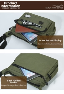 Detailed view of military green nylon messenger bag with multi-zippered compartments