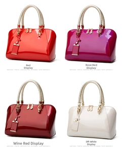 Detailed grid showing four patent leather Boston handbags in red, magenta, burgundy, and beige