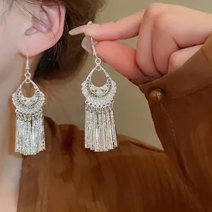 Vintage Alloy Hollow Geometric Drop Earrings With Long Tassel Ethnic Bohemian Style Retro Silver Tone For Women