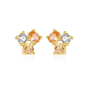 S925 sterling silver stud earrings featuring three colorful zircon stones in gold plating