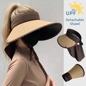 UPF 50+ sun hat with wide brim and detachable shawl in beige and brown tones