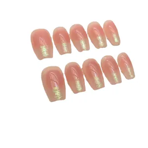Aurora gradient nude pink press-on nails in long ballerina shape with shimmer finish