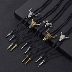 Vintage Western Cowboy Bolo Tie Alloy Bull Skull PU Leather Braided Rope Necklace Retro Accessory For Men