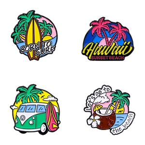 Set of 4 Hawaii surf style enamel pins featuring palm trees, surfboard, and beach camper van