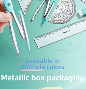 Detailed view of geometry drawing set including metal compass and rulers in blue case