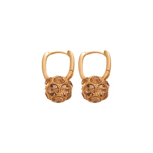 Gold plated hoop earrings with champagne crystal sphere charms on white background