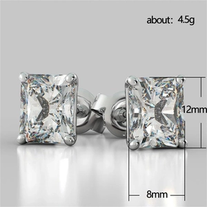 Classic four-prong square zircon stud earrings in silver plated finish, 12x8mm size