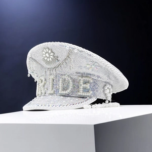 Sparkly white sequin bride captain hat with rhinestones and pearls for wedding parties