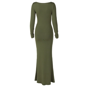 Detailed front view of olive green slim-fit maxi dress with ruched round neck texture