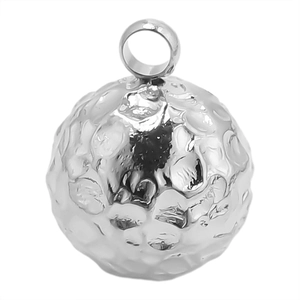 Macro detail of silver spherical pendant featuring irregular hammered texture and smooth ring