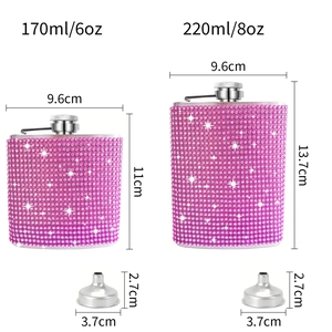 Size comparison of 6oz and 8oz pink rhinestone hip flasks with metal funnel measurements