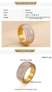 Detail view of 10mm wide gold titanium steel ring with pink translucent natural stone