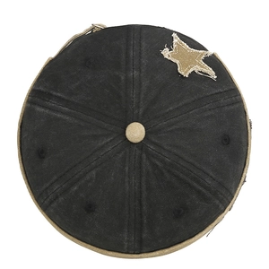 Vintage black washed canvas docker hat with star patch and top khaki button detail