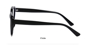 Detailed side view of glossy black cat-eye glasses with anti-blue light lenses