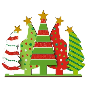 Five-piece wooden Christmas tree signs tabletop decor set in red green white and gold