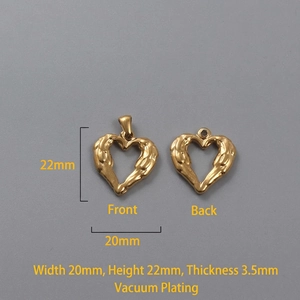 Front and back view of 18k gold heart pendant with 20x22mm size and texture detail