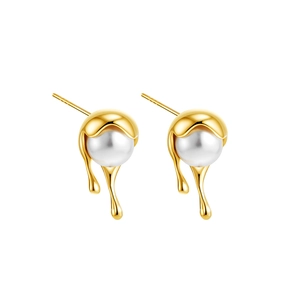 18K gold plated molten liquid metal drop earrings with glossy white pearls