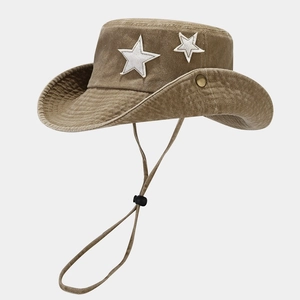 Khaki Western cowboy sun hat with star patches, wide brim, and windproof chin strap