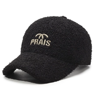 Casquette de baseball d'hiver en laine de mouton noire avec broderie dorée