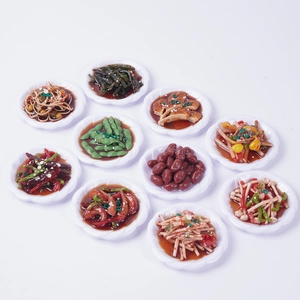 Set of 10 miniature Chinese cold dish models with white scalloped plates for dollhouse decor