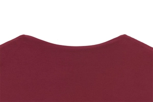 Detail of the high-density burgundy fabric and seamless curved neckline on dress