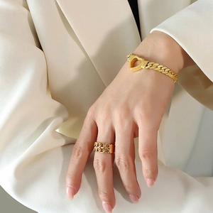 Hip hop style gold-plated hollow heart Cuban chain bracelet and ring set for women