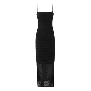 Robe Longue En Mesh Froncé À Bretelles Spaghetti Sexy Bodycon Sans Manches Taille Haute Élégante Soirée Club Party Femmes