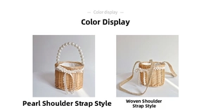 Détail du sac seau tissé avec dentelle blanche et élégante poignée en perles pour enfant