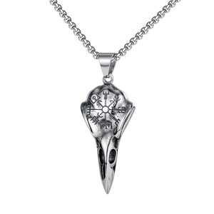 Vintage Viking Crow Skull Necklace Stainless Steel Raven Skull Pendant With Vegvisir Runes Punk Rock Jewelry For Men
