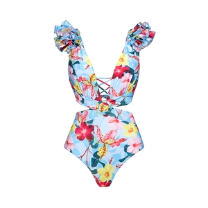 Maillot de bain floral avec décolleté en V, découpes à la taille et volants aux épaules