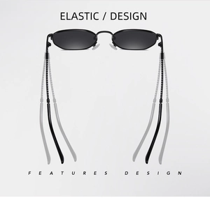 Detail view of elastic temple design on black oval metal sunglasses for flexibility