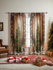 Detail of Christmas themed curtains with festive tree print and Merry Christmas text