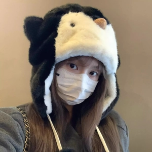 Cute penguin plush earflap hat for women, thick winter warm thermal faux fur snow cap