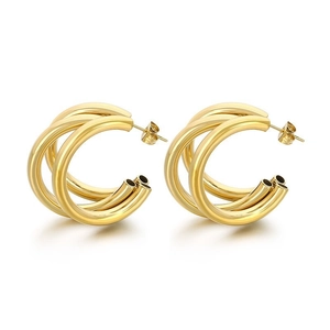 Minimalist gold-plated stainless steel C-shaped triple hoop earrings on white background
