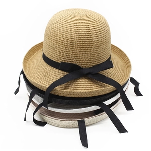 Summer woven straw sun hats with black ribbon bows in multiple colors for women