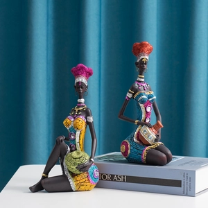 Set of 2 African woman resin statues in colorful traditional dress for home desk decor