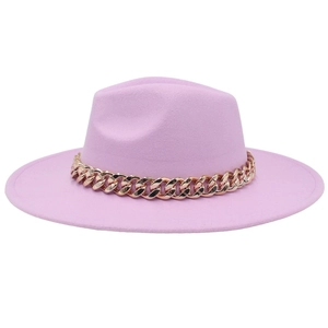 Detailed view of lavender wool fedora hat featuring a chunky gold acrylic chain band